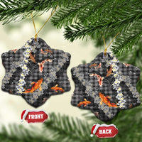 Black Palaka Hawaiian And Japanese Ceramic Ornament Sakura Lei With Koi Fish - Polynesian Pride