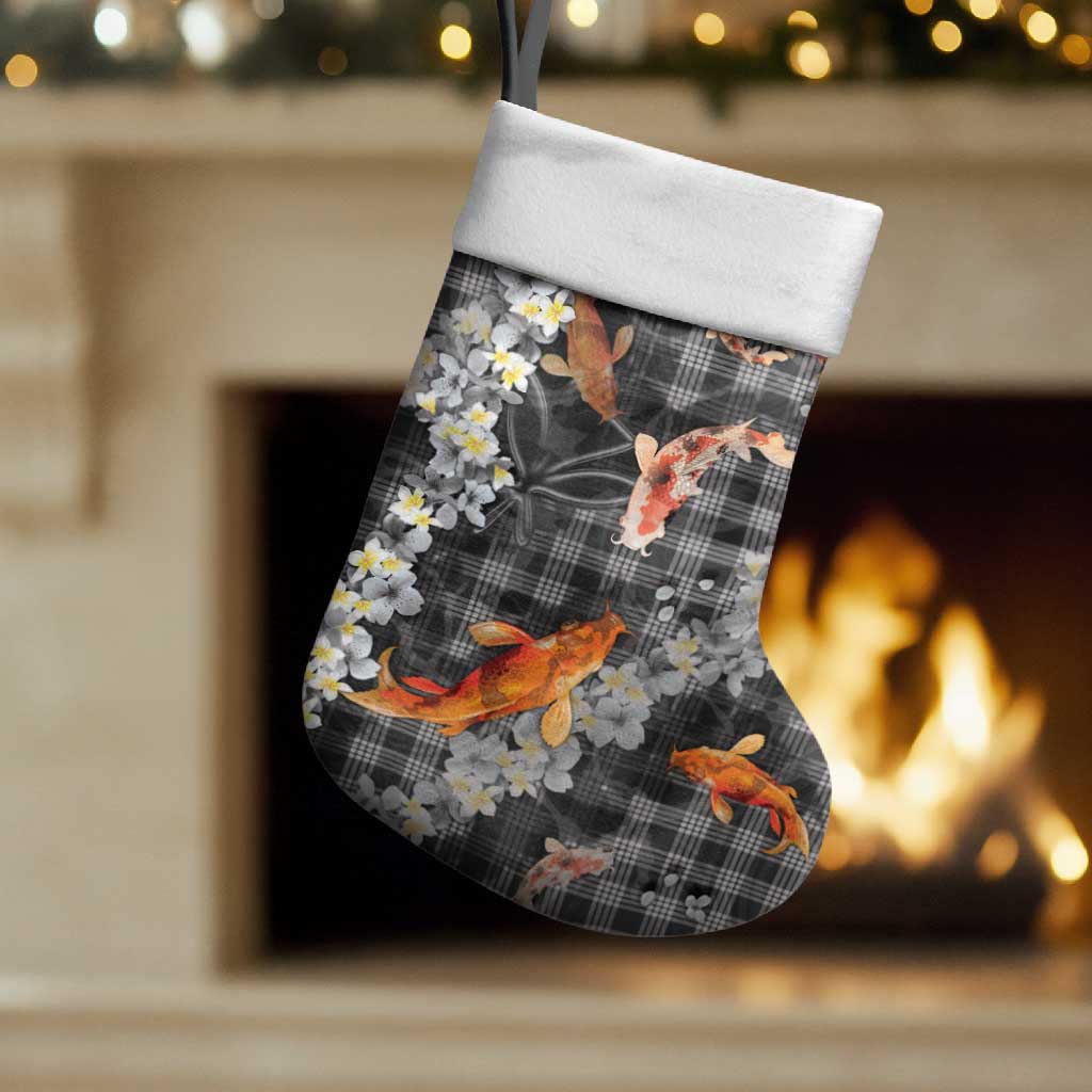 Black Palaka Hawaiian And Japanese Christmas Stocking Sakura Lei With Koi Fish - Polynesian Pride
