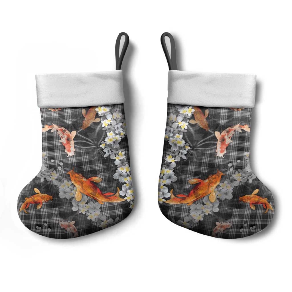 Black Palaka Hawaiian And Japanese Christmas Stocking Sakura Lei With Koi Fish - Polynesian Pride