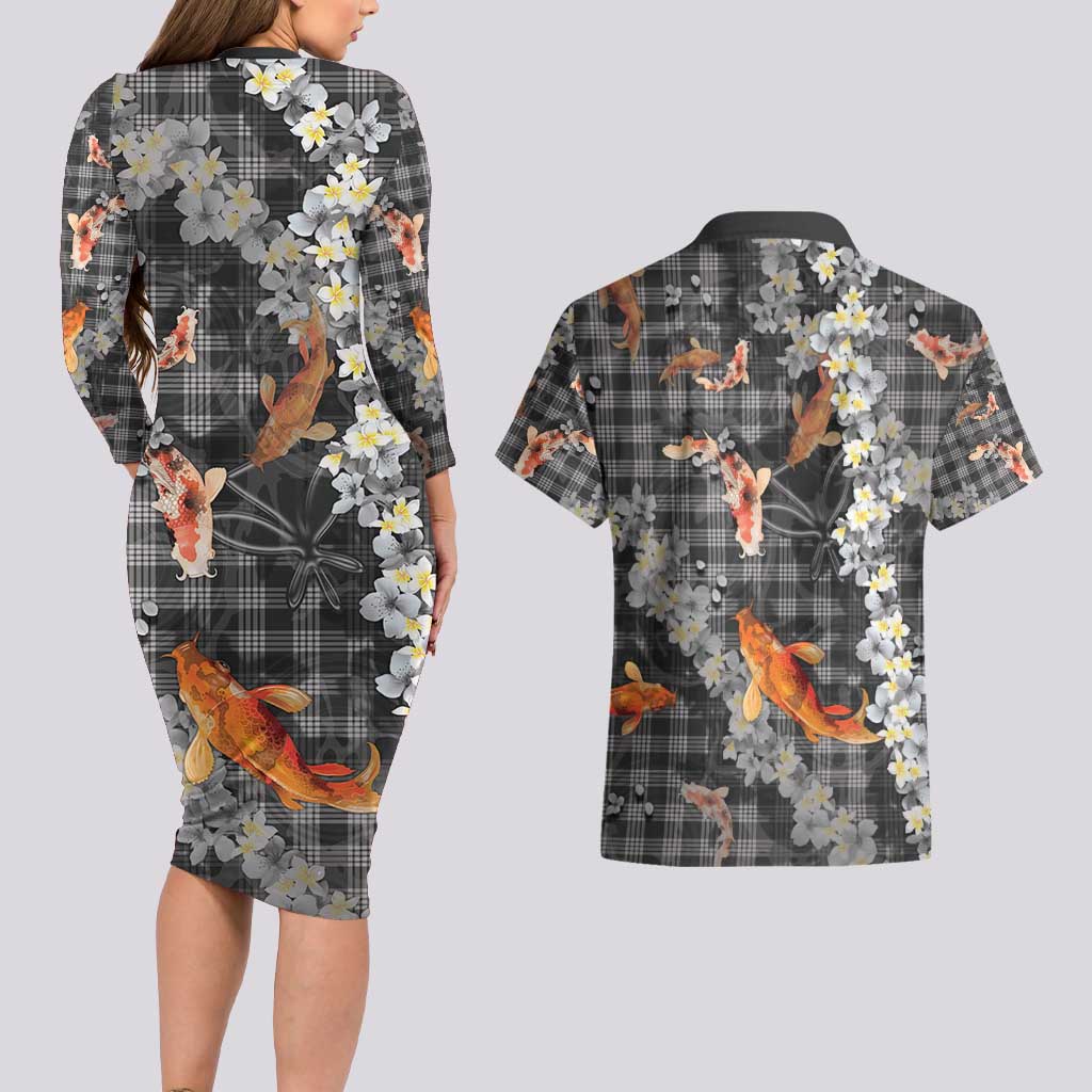 Black Palaka Hawaiian And Japanese Couples Matching Long Sleeve Bodycon Dress and Hawaiian Shirt Sakura Lei With Koi Fish - Polynesian Pride