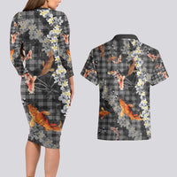 Black Palaka Hawaiian And Japanese Couples Matching Long Sleeve Bodycon Dress and Hawaiian Shirt Sakura Lei With Koi Fish - Polynesian Pride