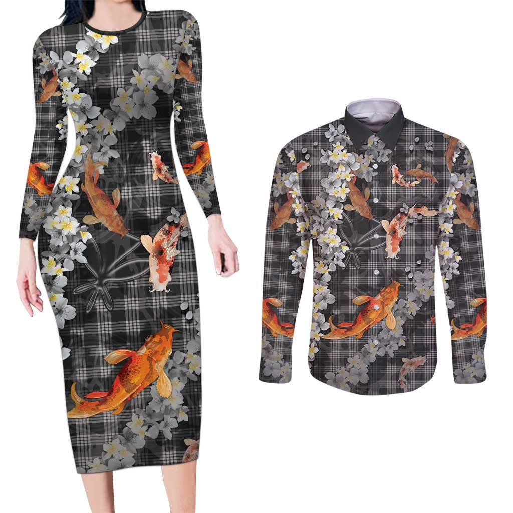 Black Palaka Hawaiian And Japanese Couples Matching Long Sleeve Bodycon Dress and Long Sleeve Button Shirt Sakura Lei With Koi Fish DT05 Black - Polynesian Pride