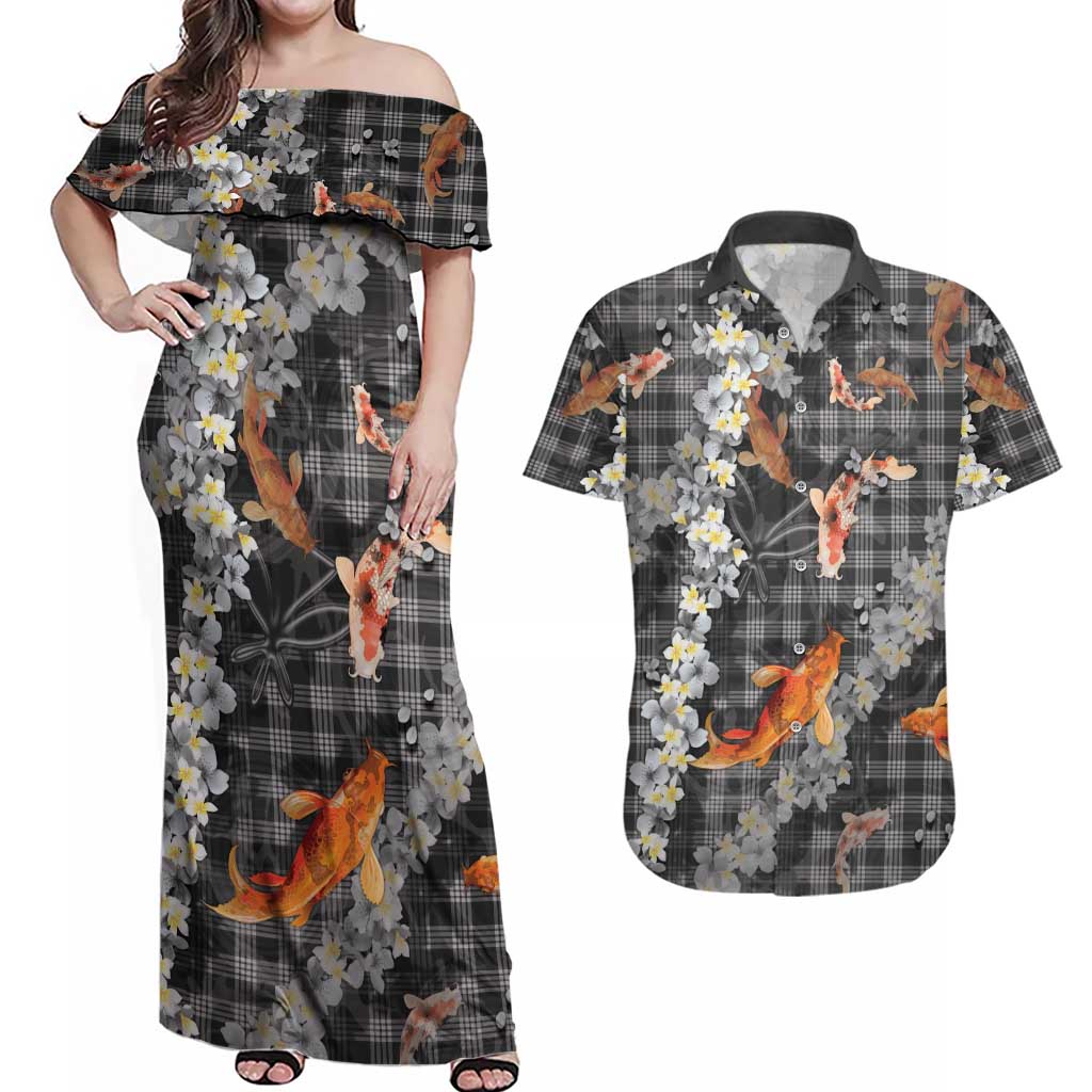 Black Palaka Hawaiian And Japanese Couples Matching Off Shoulder Maxi Dress and Hawaiian Shirt Sakura Lei With Koi Fish DT05 Black - Polynesian Pride