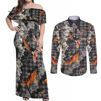 Black Palaka Hawaiian And Japanese Couples Matching Off Shoulder Maxi Dress and Long Sleeve Button Shirt Sakura Lei With Koi Fish - Polynesian Pride