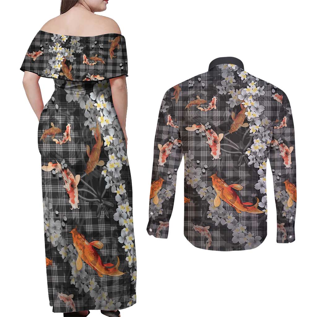 Black Palaka Hawaiian And Japanese Couples Matching Off Shoulder Maxi Dress and Long Sleeve Button Shirt Sakura Lei With Koi Fish - Polynesian Pride