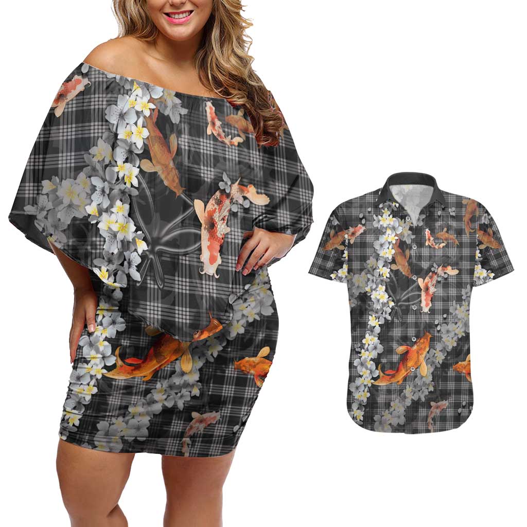 Black Palaka Hawaiian And Japanese Couples Matching Off Shoulder Short Dress and Hawaiian Shirt Sakura Lei With Koi Fish DT05 Black - Polynesian Pride