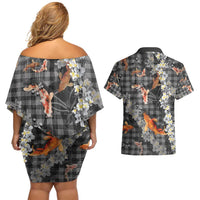 Black Palaka Hawaiian And Japanese Couples Matching Off Shoulder Short Dress and Hawaiian Shirt Sakura Lei With Koi Fish - Polynesian Pride