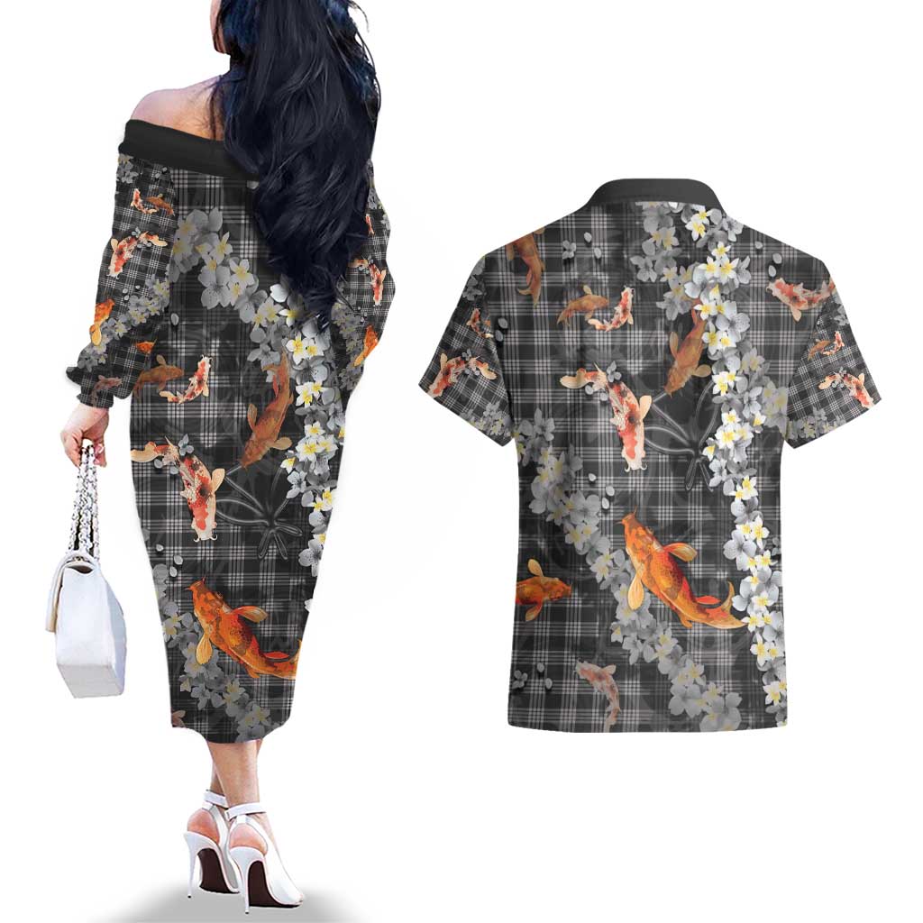 Black Palaka Hawaiian And Japanese Couples Matching Off The Shoulder Long Sleeve Dress and Hawaiian Shirt Sakura Lei With Koi Fish - Polynesian Pride