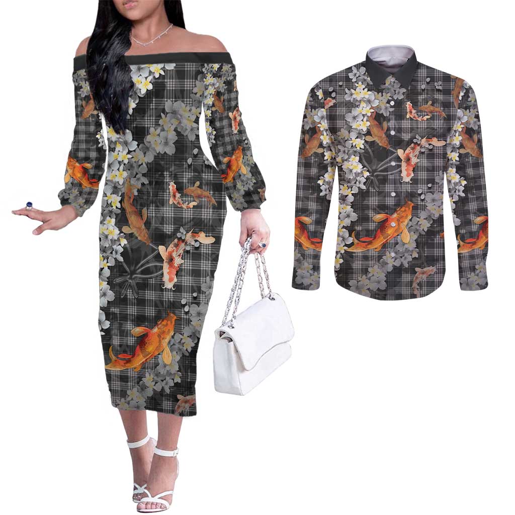 Black Palaka Hawaiian And Japanese Couples Matching Off The Shoulder Long Sleeve Dress and Long Sleeve Button Shirt Sakura Lei With Koi Fish DT05 Black - Polynesian Pride