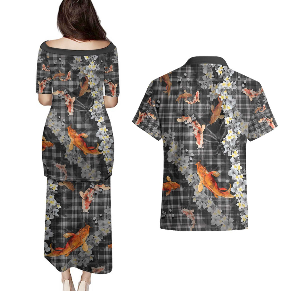Black Palaka Hawaiian And Japanese Couples Matching Puletasi and Hawaiian Shirt Sakura Lei With Koi Fish - Polynesian Pride