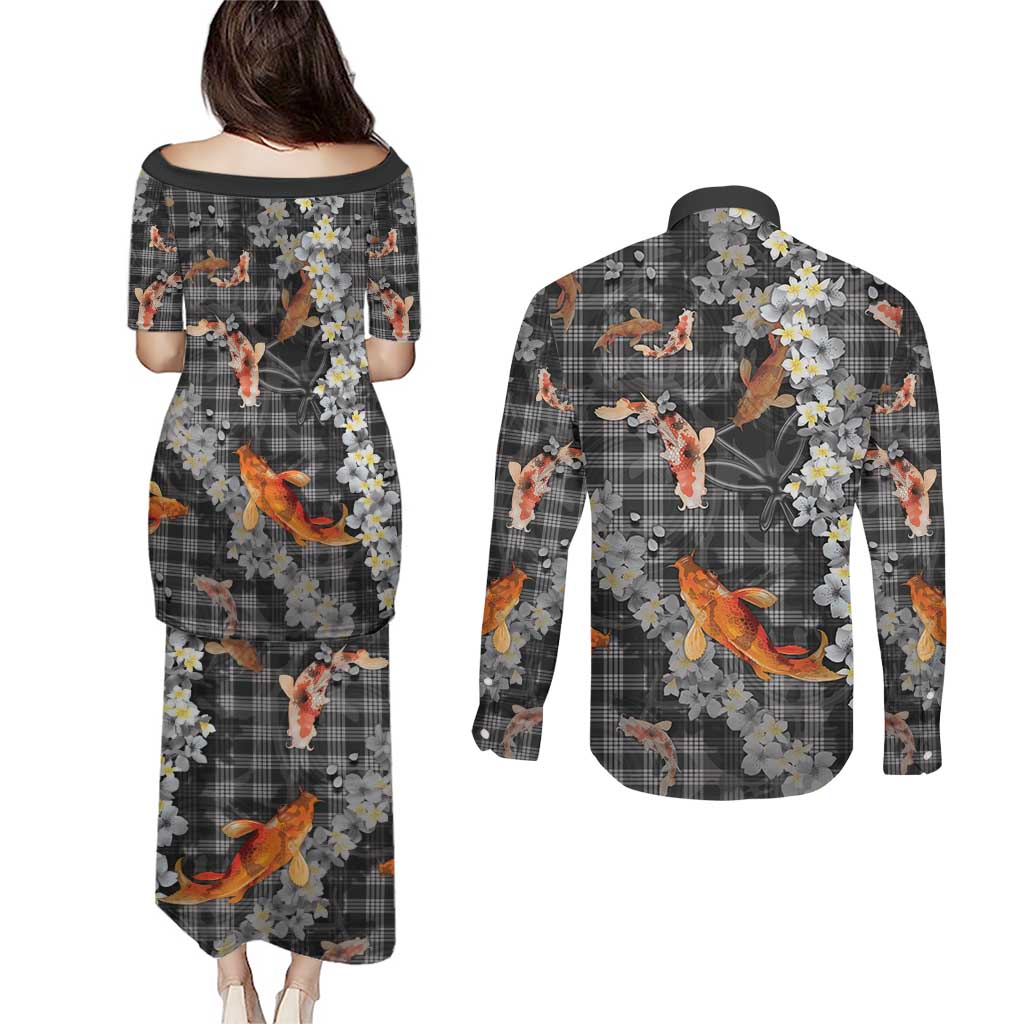 Black Palaka Hawaiian And Japanese Couples Matching Puletasi and Long Sleeve Button Shirt Sakura Lei With Koi Fish DT05 - Polynesian Pride
