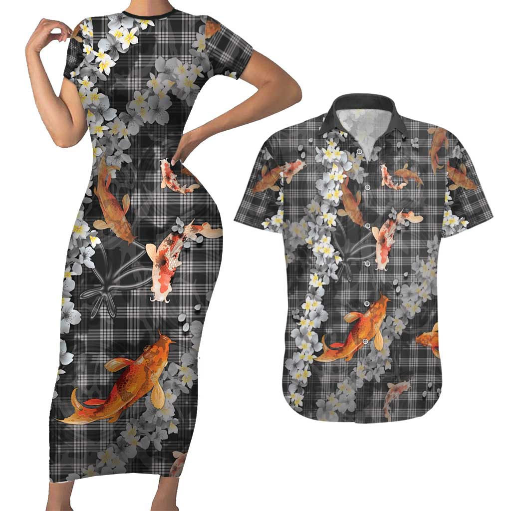Black Palaka Hawaiian And Japanese Couples Matching Short Sleeve Bodycon Dress and Hawaiian Shirt Sakura Lei With Koi Fish DT05 Black - Polynesian Pride