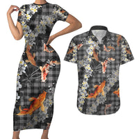 Black Palaka Hawaiian And Japanese Couples Matching Short Sleeve Bodycon Dress and Hawaiian Shirt Sakura Lei With Koi Fish - Polynesian Pride