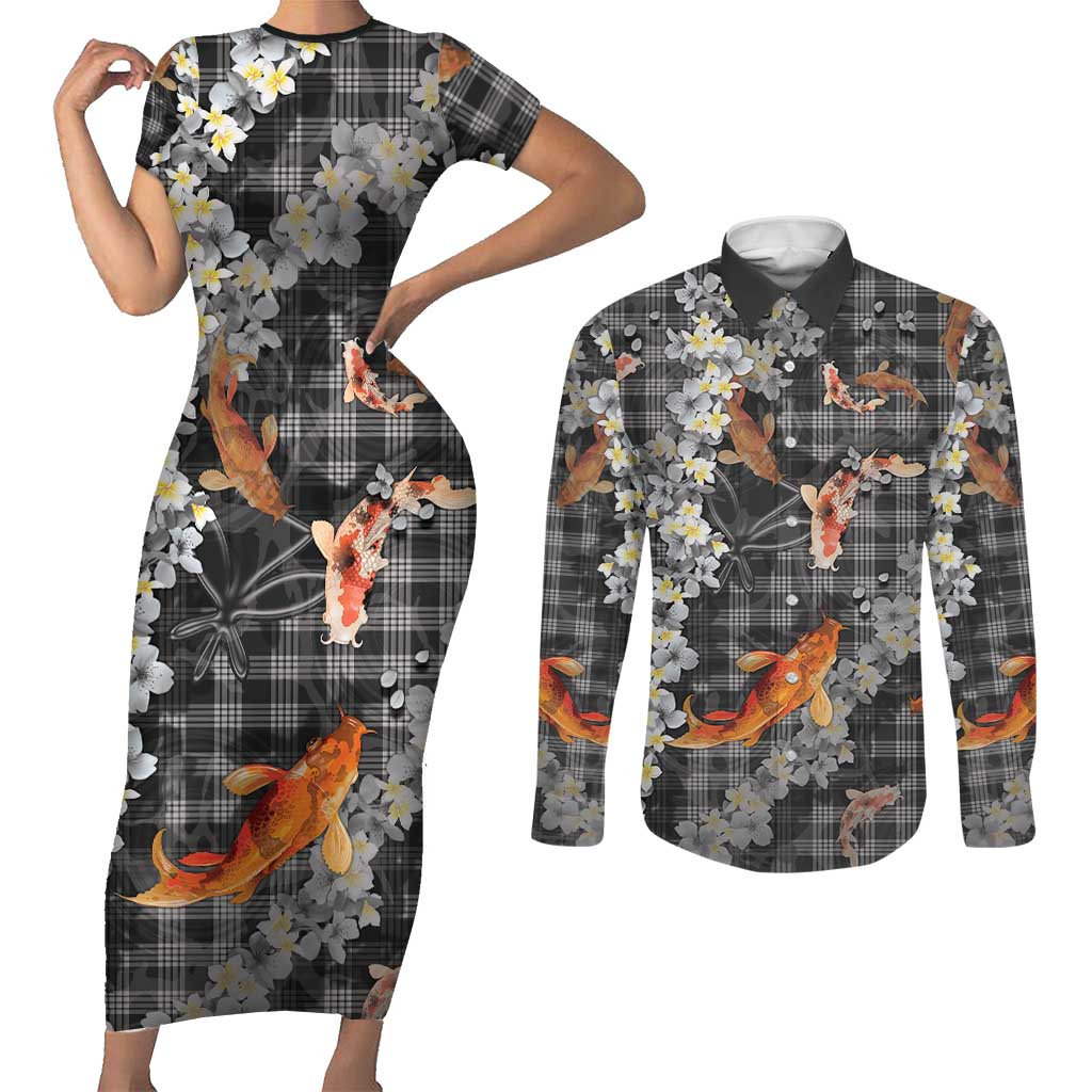 Black Palaka Hawaiian And Japanese Couples Matching Short Sleeve Bodycon Dress and Long Sleeve Button Shirt Sakura Lei With Koi Fish DT05 Black - Polynesian Pride