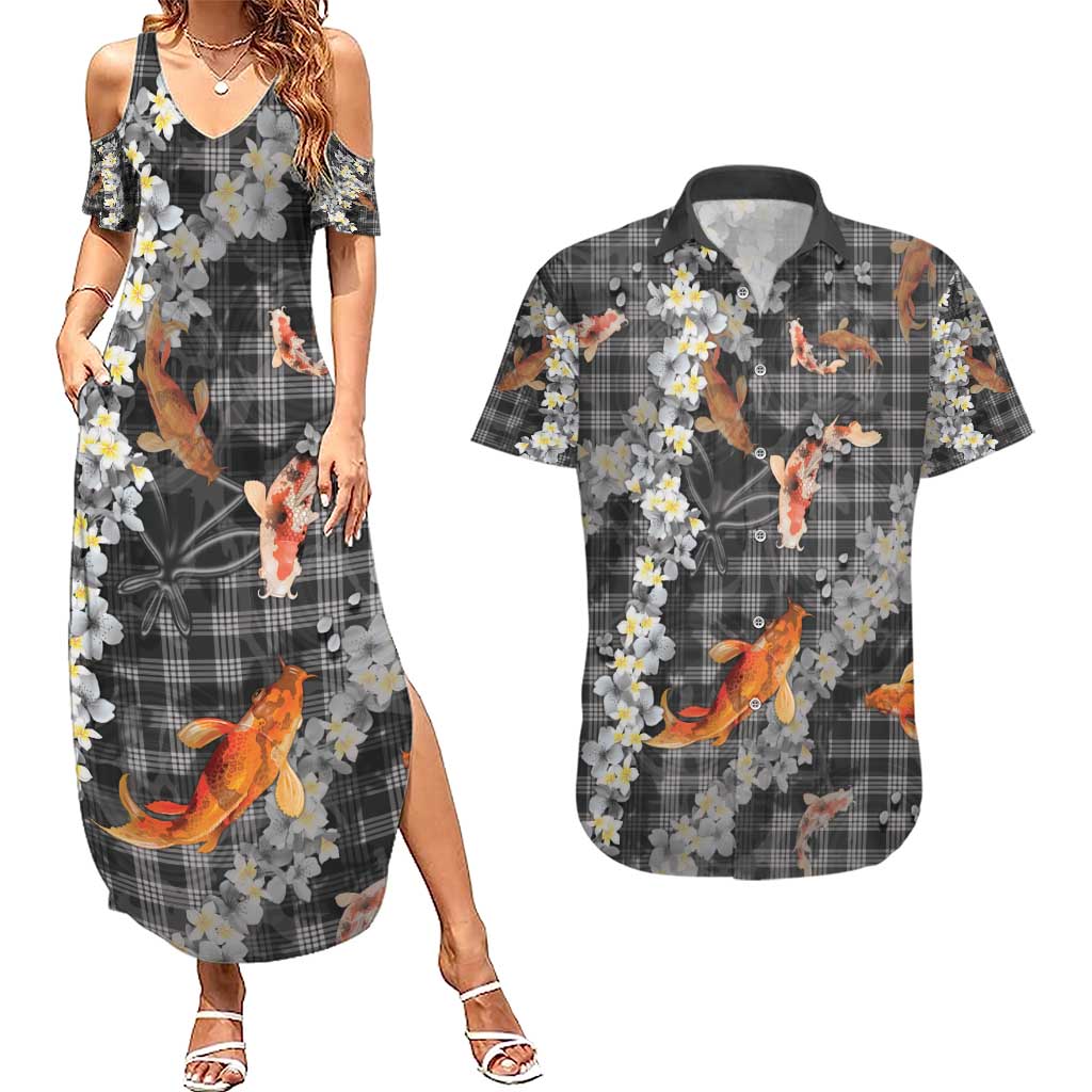 Black Palaka Hawaiian And Japanese Couples Matching Summer Maxi Dress and Hawaiian Shirt Sakura Lei With Koi Fish - Polynesian Pride