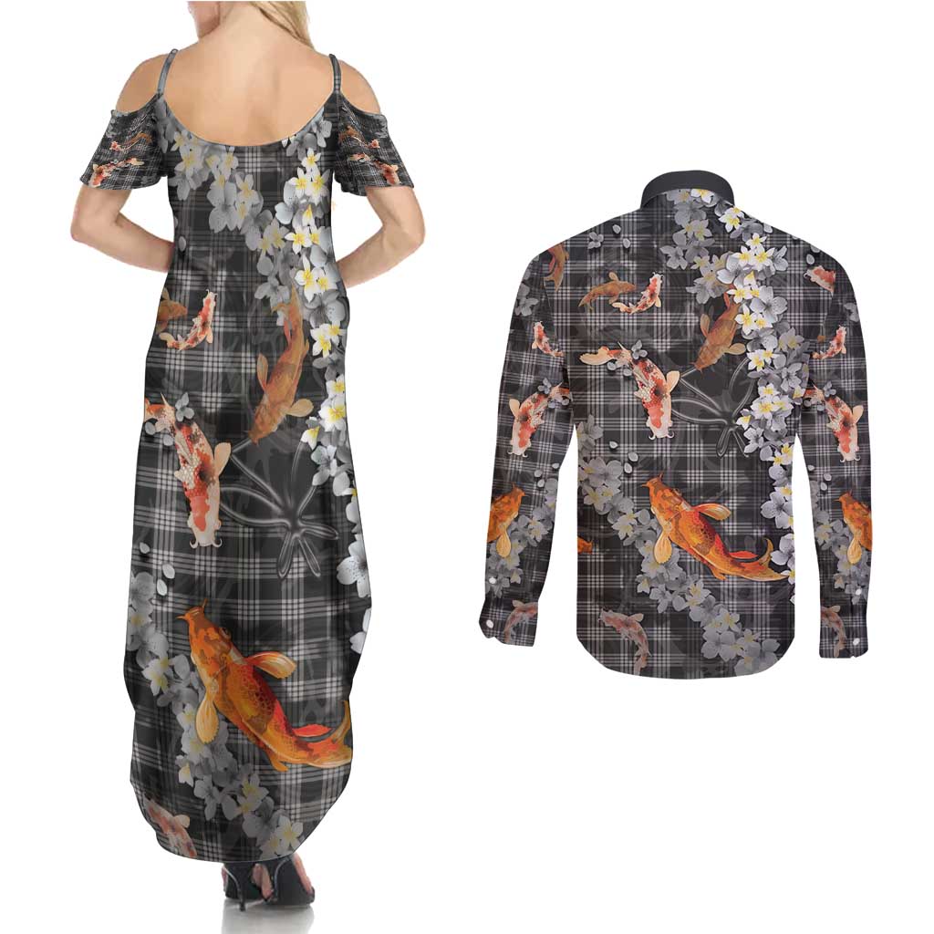 Black Palaka Hawaiian And Japanese Couples Matching Summer Maxi Dress and Long Sleeve Button Shirt Sakura Lei With Koi Fish - Polynesian Pride