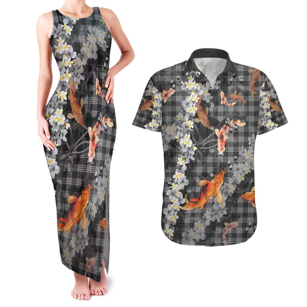 Black Palaka Hawaiian And Japanese Couples Matching Tank Maxi Dress and Hawaiian Shirt Sakura Lei With Koi Fish - Polynesian Pride