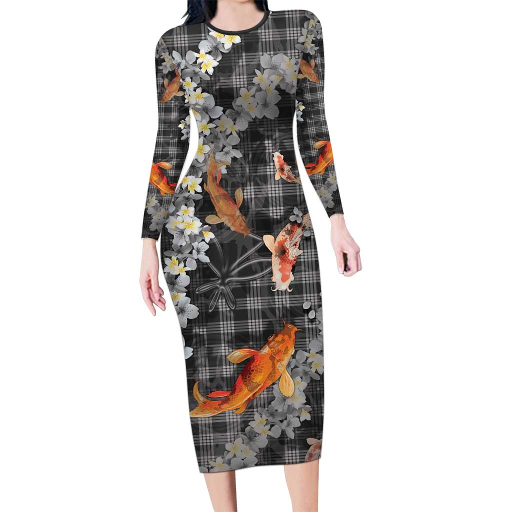 Black Palaka Hawaiian And Japanese Family Matching Long Sleeve Bodycon Dress and Hawaiian Shirt Sakura Lei With Koi Fish - Polynesian Pride