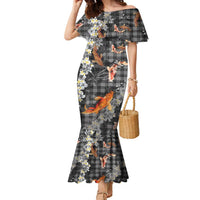 Black Palaka Hawaiian And Japanese Family Matching Mermaid Dress and Hawaiian Shirt Sakura Lei With Koi Fish - Polynesian Pride
