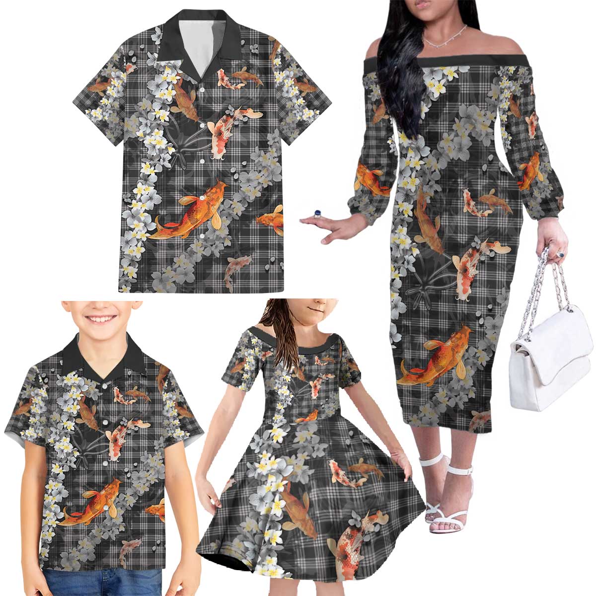 Black Palaka Hawaiian And Japanese Family Matching Off The Shoulder Long Sleeve Dress and Hawaiian Shirt Sakura Lei With Koi Fish - Polynesian Pride