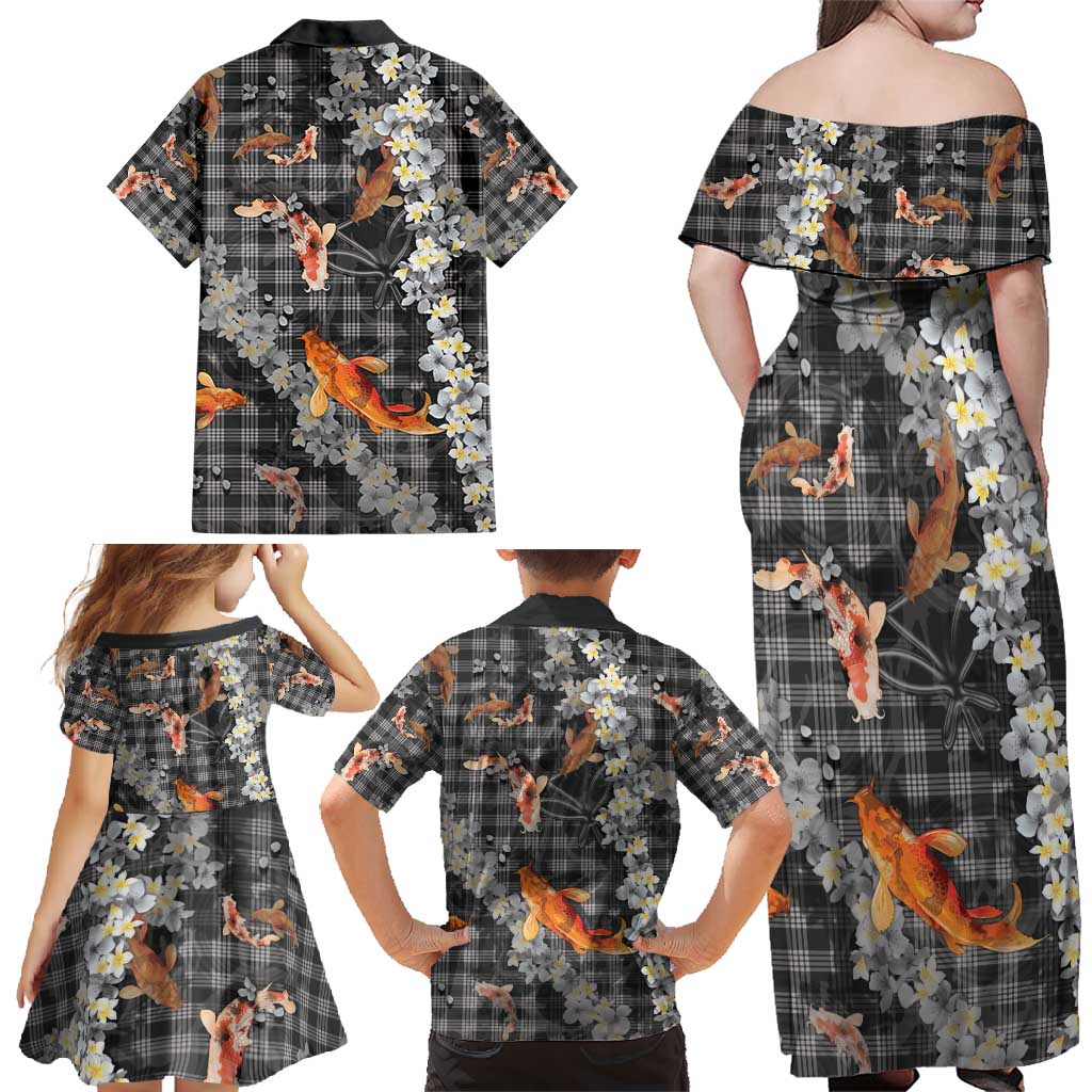 Black Palaka Hawaiian And Japanese Family Matching Off Shoulder Maxi Dress and Hawaiian Shirt Sakura Lei With Koi Fish - Polynesian Pride