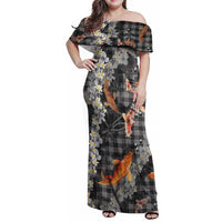 Black Palaka Hawaiian And Japanese Family Matching Off Shoulder Maxi Dress and Hawaiian Shirt Sakura Lei With Koi Fish - Polynesian Pride