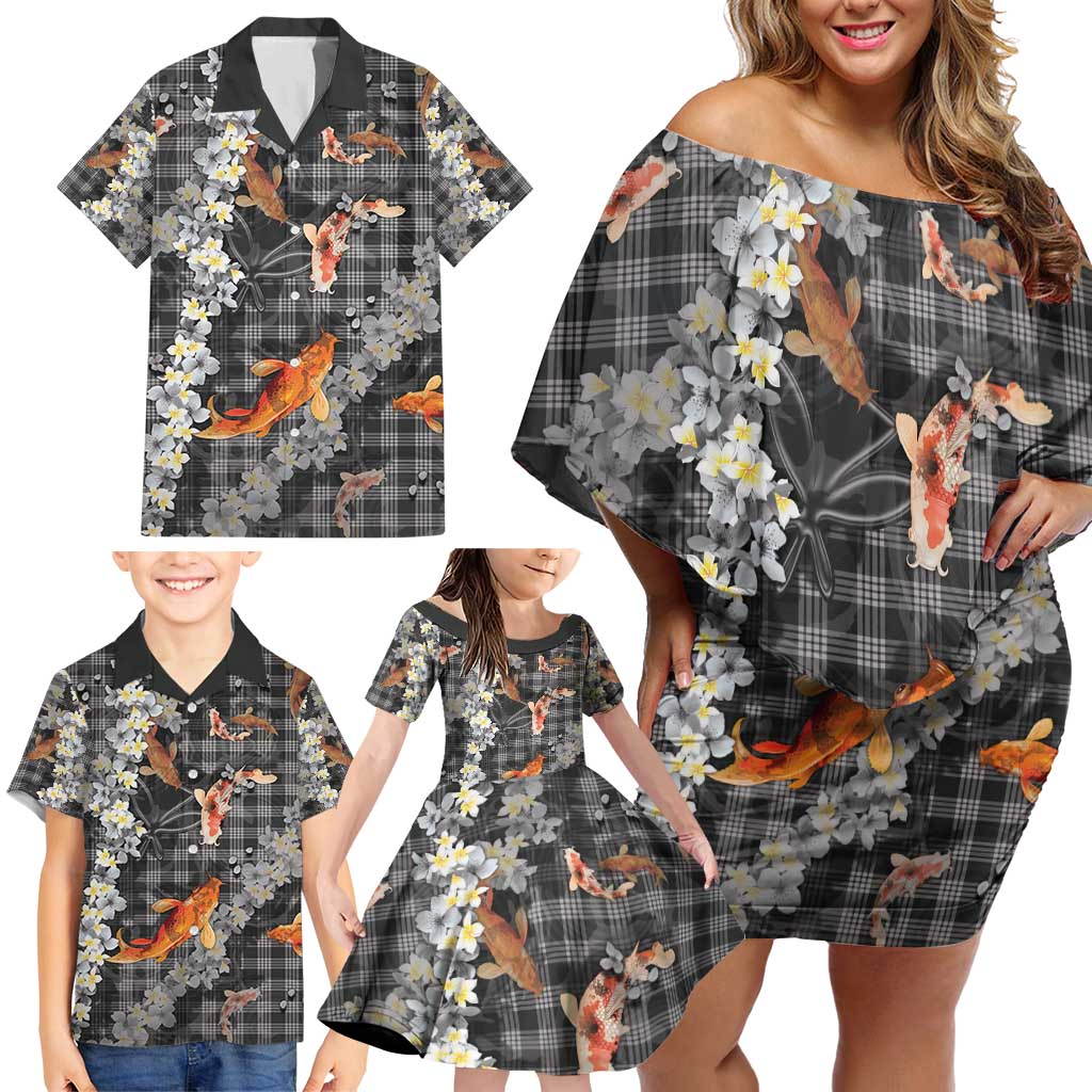 Black Palaka Hawaiian And Japanese Family Matching Off Shoulder Short Dress and Hawaiian Shirt Sakura Lei With Koi Fish - Polynesian Pride