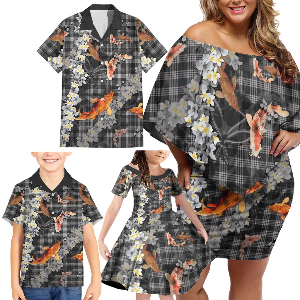 Black Palaka Hawaiian And Japanese Family Matching Off Shoulder Short Dress and Hawaiian Shirt Sakura Lei With Koi Fish DT05 - Polynesian Pride
