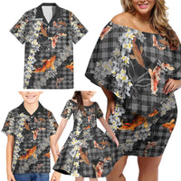 Black Palaka Hawaiian And Japanese Family Matching Off Shoulder Short Dress and Hawaiian Shirt Sakura Lei With Koi Fish - Polynesian Pride