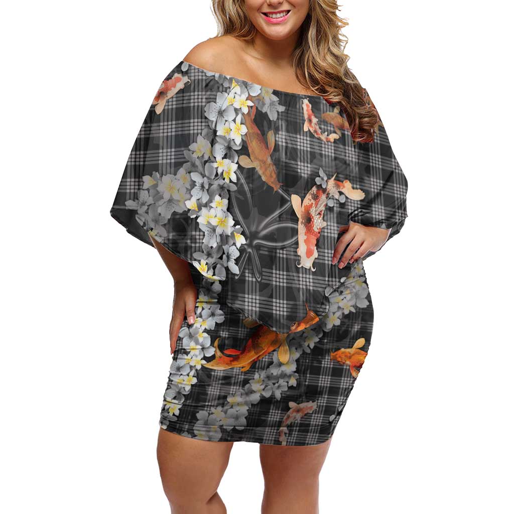 Black Palaka Hawaiian And Japanese Family Matching Off Shoulder Short Dress and Hawaiian Shirt Sakura Lei With Koi Fish - Polynesian Pride