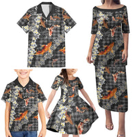 Black Palaka Hawaiian And Japanese Family Matching Puletasi and Hawaiian Shirt Sakura Lei With Koi Fish - Polynesian Pride
