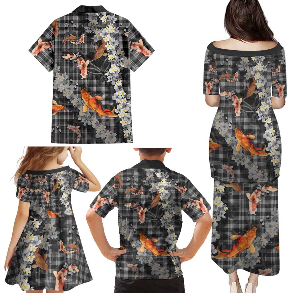 Black Palaka Hawaiian And Japanese Family Matching Puletasi and Hawaiian Shirt Sakura Lei With Koi Fish - Polynesian Pride