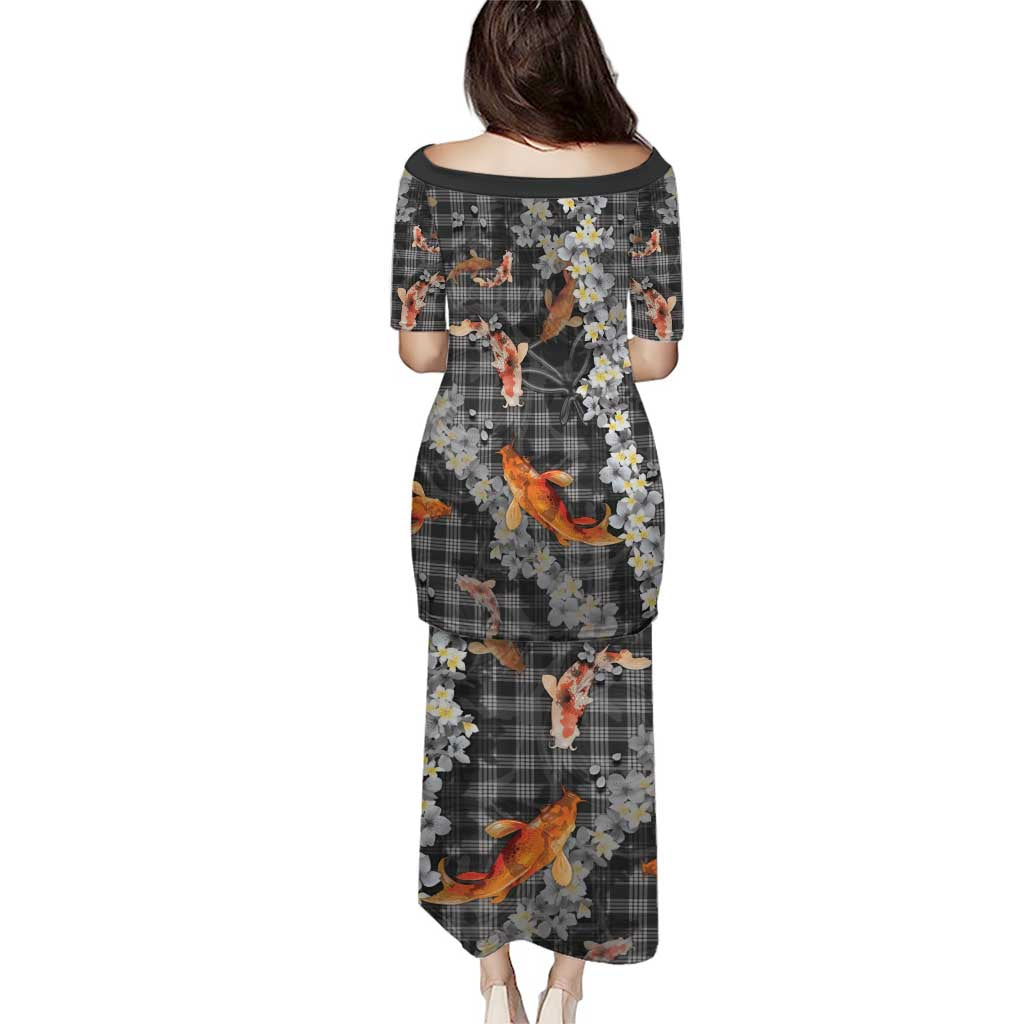 Black Palaka Hawaiian And Japanese Family Matching Puletasi and Hawaiian Shirt Sakura Lei With Koi Fish - Polynesian Pride