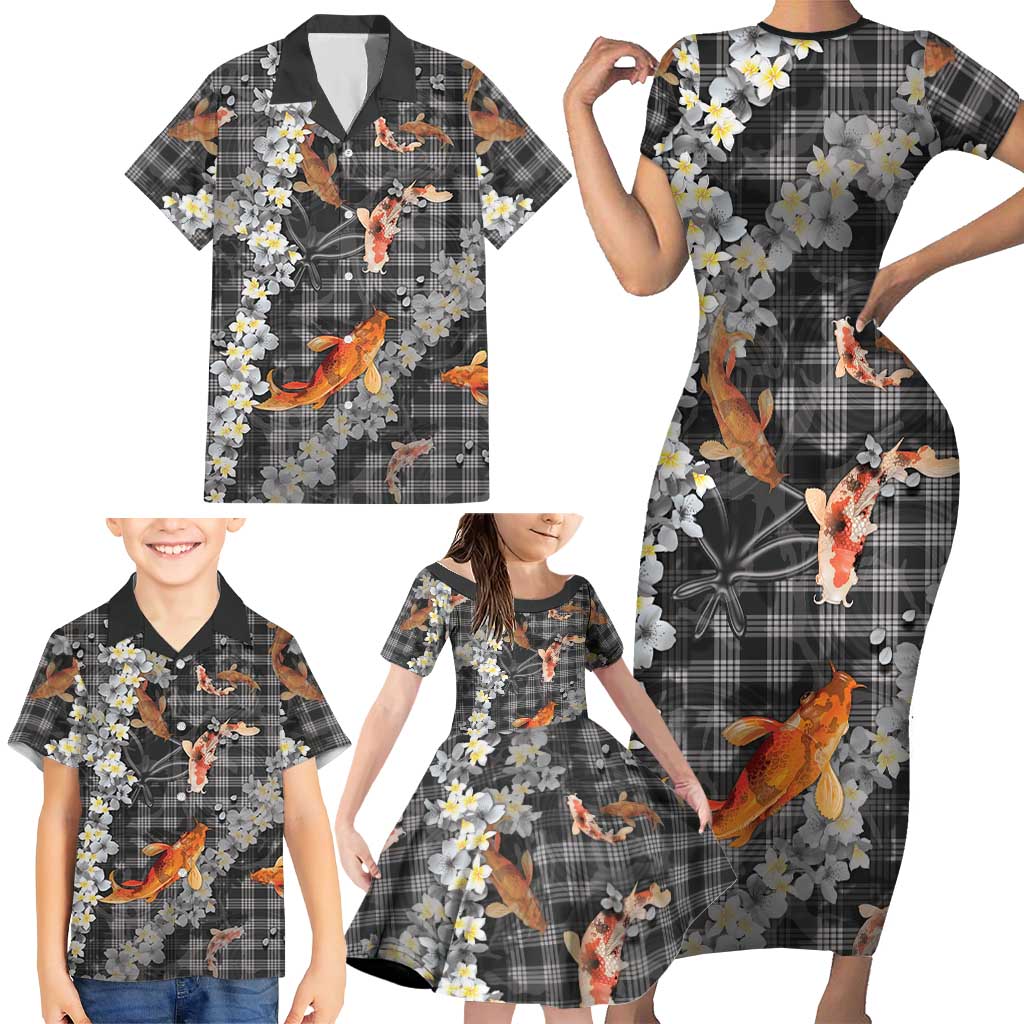 Black Palaka Hawaiian And Japanese Family Matching Short Sleeve Bodycon Dress and Hawaiian Shirt Sakura Lei With Koi Fish DT05 - Polynesian Pride
