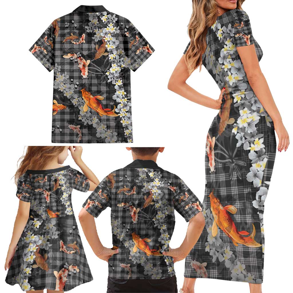 Black Palaka Hawaiian And Japanese Family Matching Short Sleeve Bodycon Dress and Hawaiian Shirt Sakura Lei With Koi Fish - Polynesian Pride