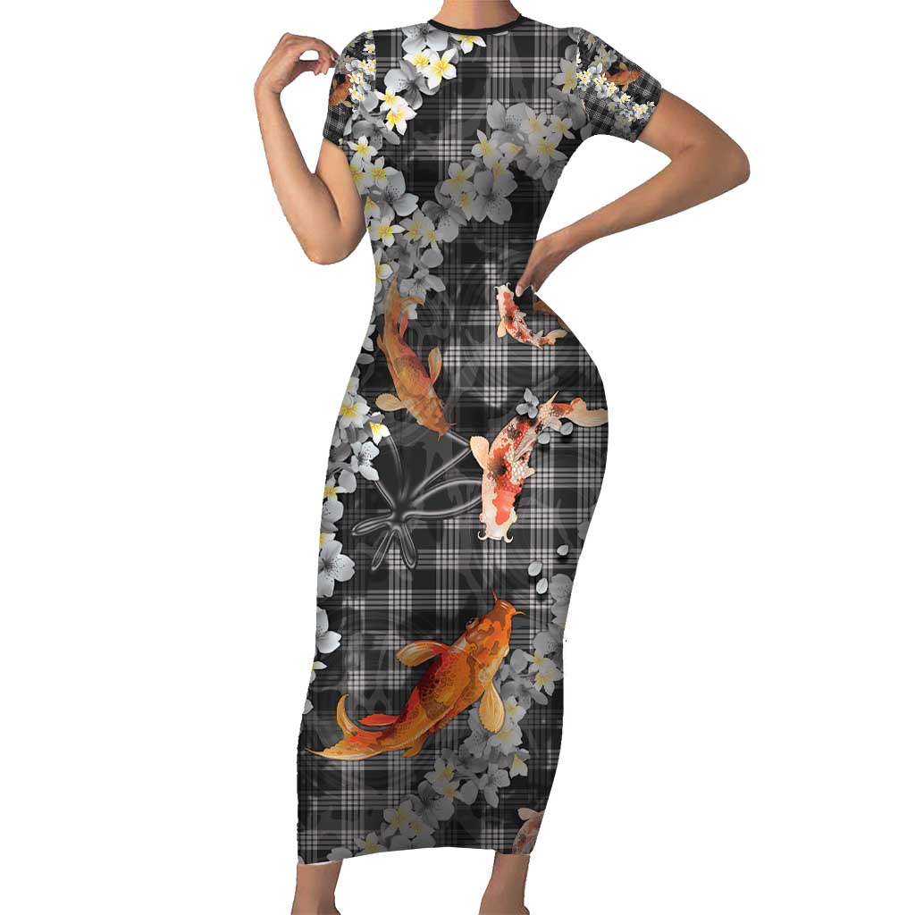 Black Palaka Hawaiian And Japanese Family Matching Short Sleeve Bodycon Dress and Hawaiian Shirt Sakura Lei With Koi Fish - Polynesian Pride