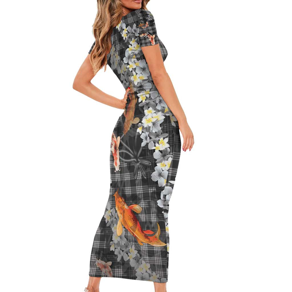 Black Palaka Hawaiian And Japanese Family Matching Short Sleeve Bodycon Dress and Hawaiian Shirt Sakura Lei With Koi Fish - Polynesian Pride