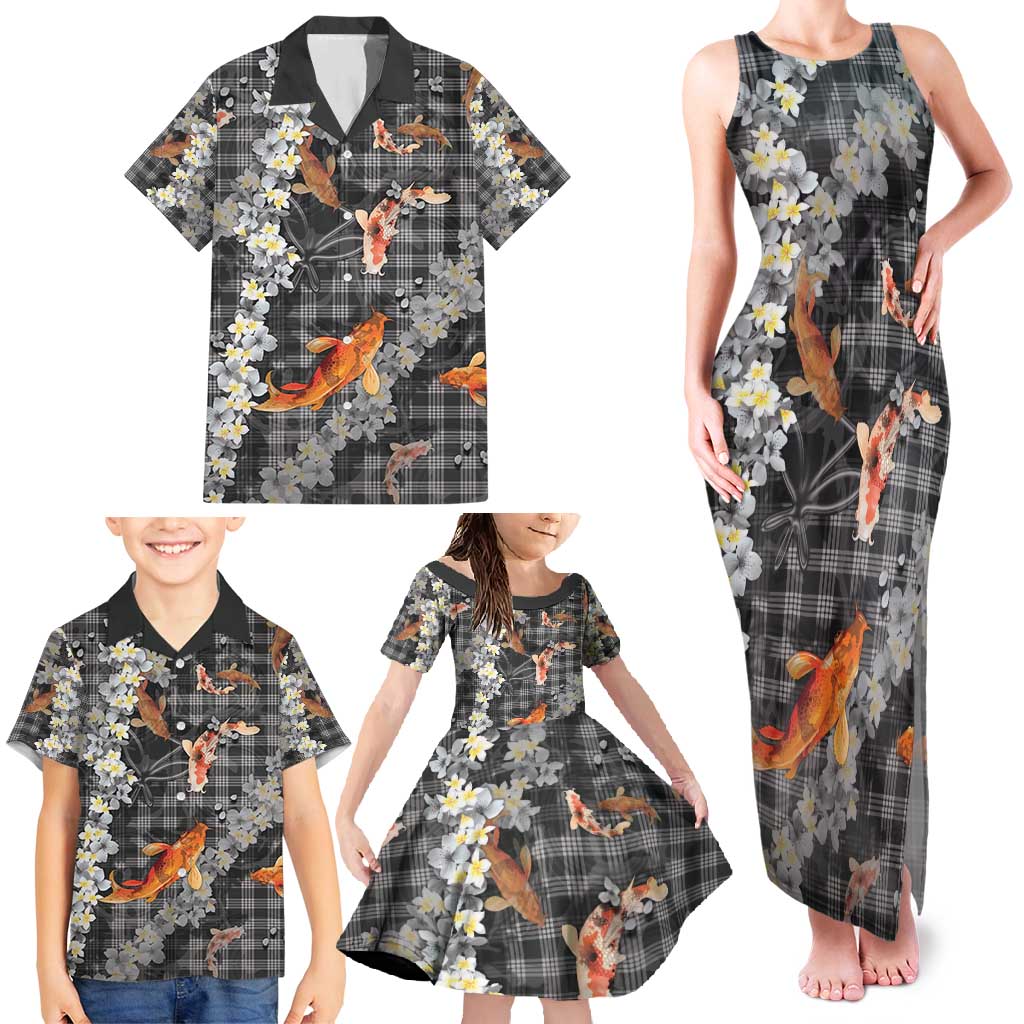 Black Palaka Hawaiian And Japanese Family Matching Tank Maxi Dress and Hawaiian Shirt Sakura Lei With Koi Fish - Polynesian Pride