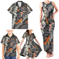 Black Palaka Hawaiian And Japanese Family Matching Tank Maxi Dress and Hawaiian Shirt Sakura Lei With Koi Fish - Polynesian Pride