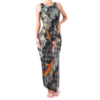 Black Palaka Hawaiian And Japanese Family Matching Tank Maxi Dress and Hawaiian Shirt Sakura Lei With Koi Fish - Polynesian Pride