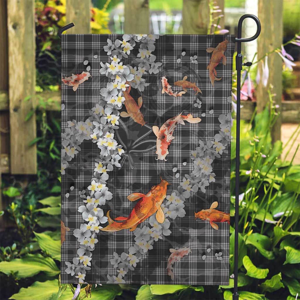 Black Palaka Hawaiian And Japanese Garden Flag Sakura Lei With Koi Fish - Polynesian Pride