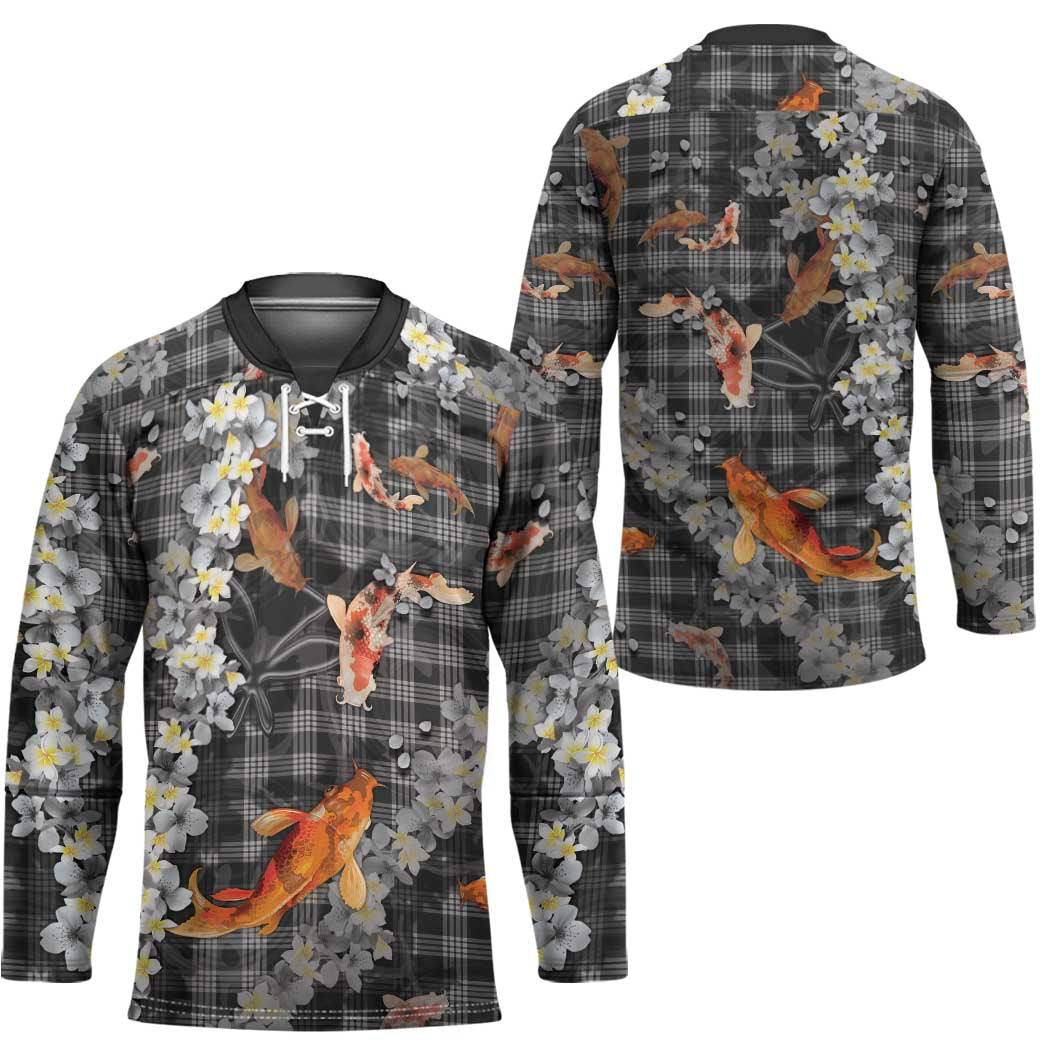Black Palaka Hawaiian And Japanese Hockey Jersey Sakura Lei With Koi Fish - Polynesian Pride