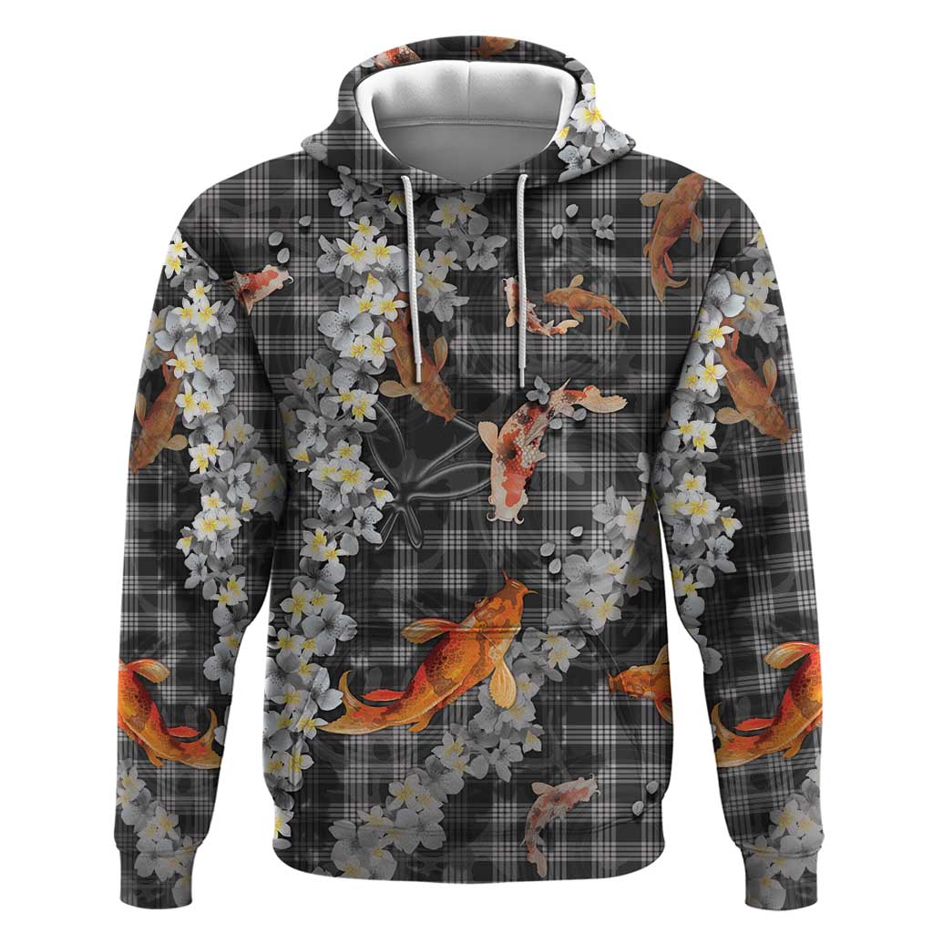 Black Palaka Hawaiian And Japanese Hoodie Sakura Lei With Koi Fish DT05 Pullover Hoodie Black - Polynesian Pride