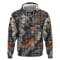 Black Palaka Hawaiian And Japanese Hoodie Sakura Lei With Koi Fish DT05 Pullover Hoodie Black - Polynesian Pride