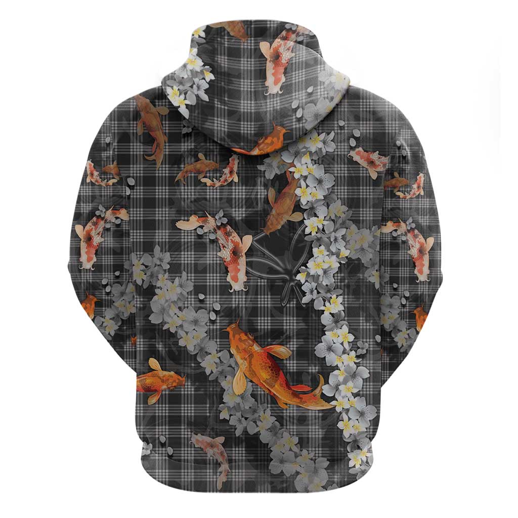 Black Palaka Hawaiian And Japanese Hoodie Sakura Lei With Koi Fish DT05 - Polynesian Pride