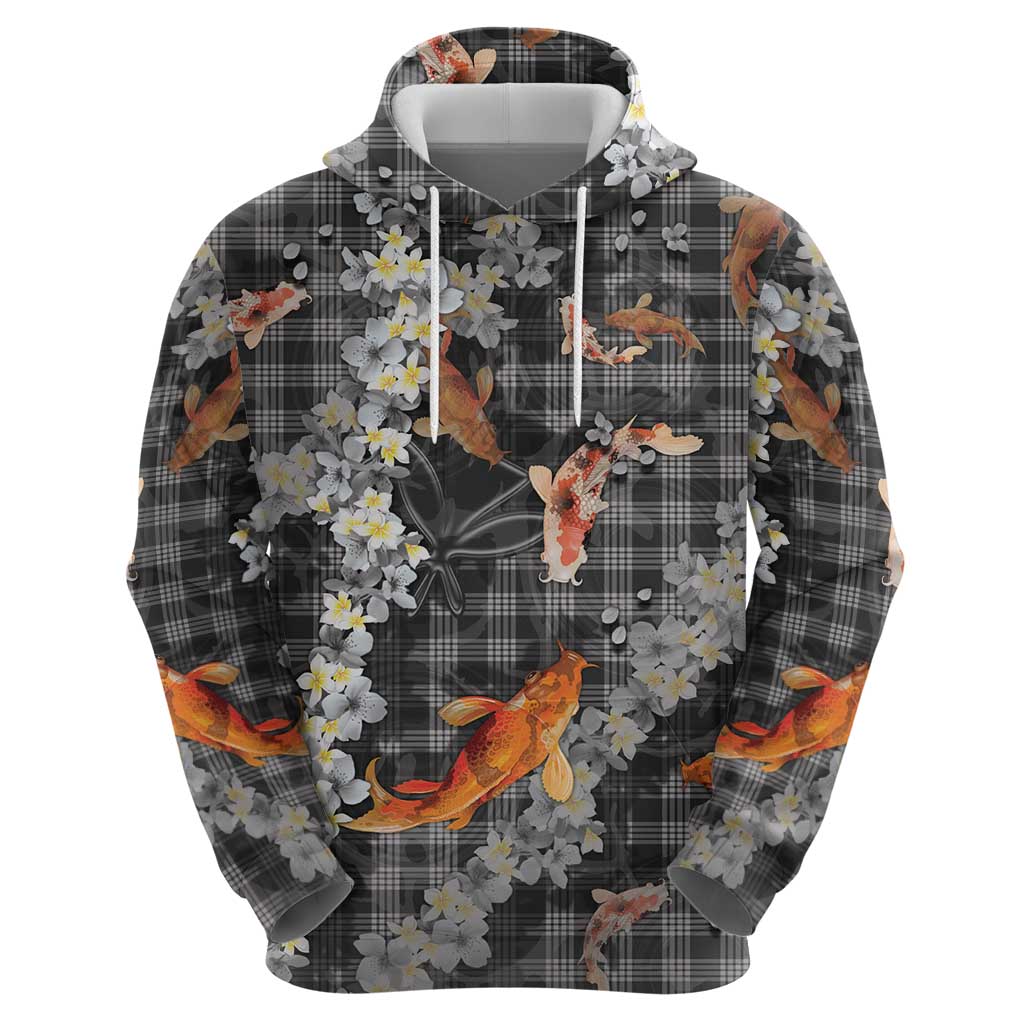 Black Palaka Hawaiian And Japanese Hoodie Sakura Lei With Koi Fish DT05 - Polynesian Pride
