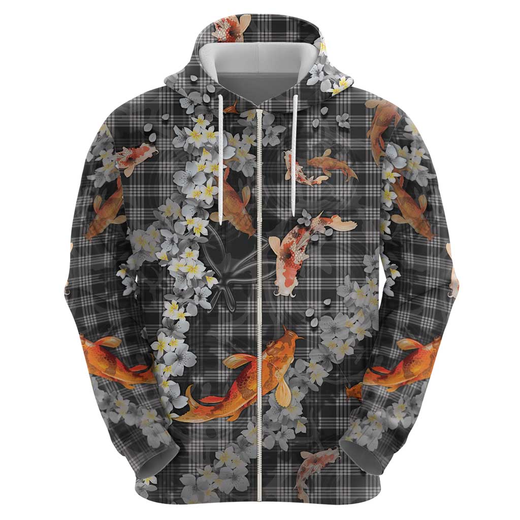 Black Palaka Hawaiian And Japanese Hoodie Sakura Lei With Koi Fish DT05 - Polynesian Pride