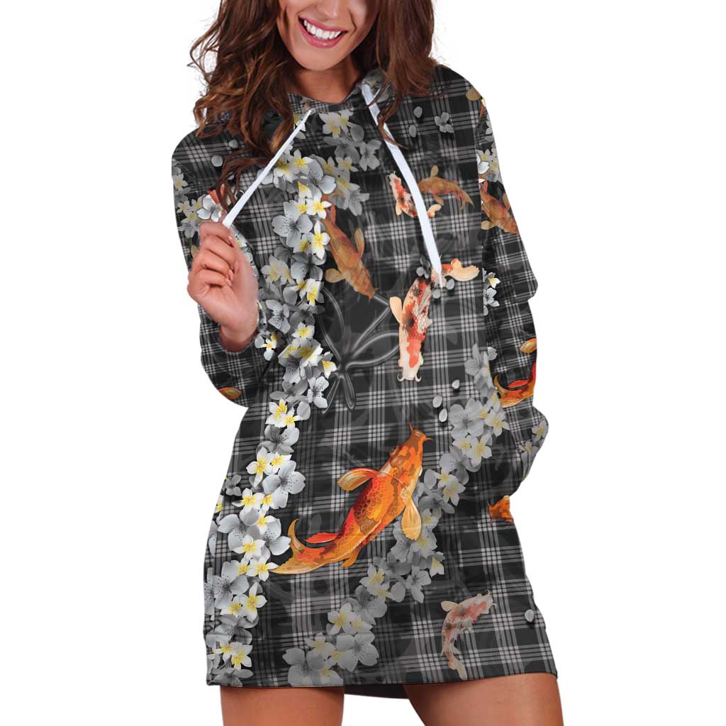 Black Palaka Hawaiian And Japanese Hoodie Dress Sakura Lei With Koi Fish - Polynesian Pride