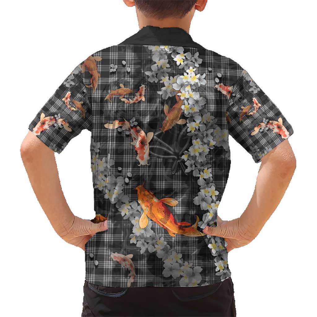 Black Palaka Hawaiian And Japanese Kid Hawaiian Shirt Sakura Lei With Koi Fish - Polynesian Pride