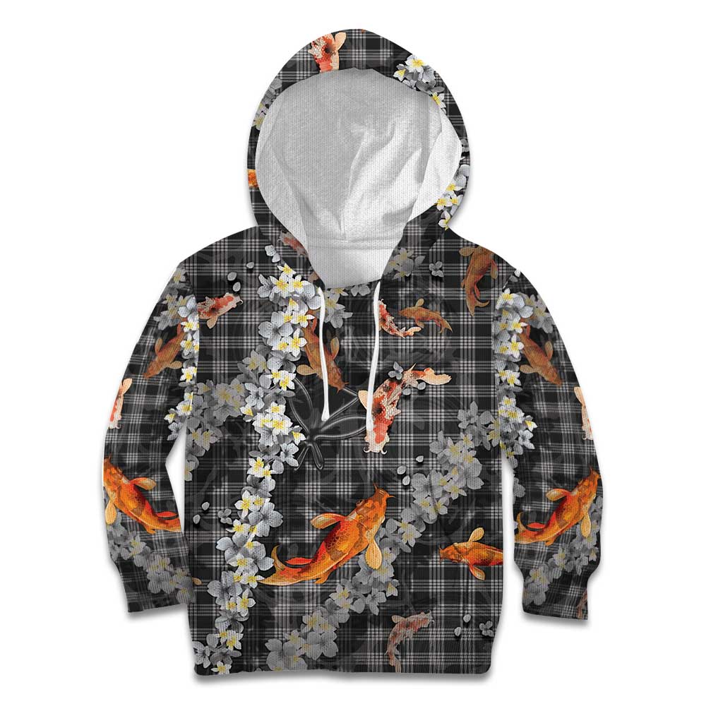 Black Palaka Hawaiian And Japanese Kid Hoodie Sakura Lei With Koi Fish DT05 Hoodie Black - Polynesian Pride